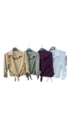 Camicia giubbottino donna con nodo frontale e maniche lunghe – Vari colori