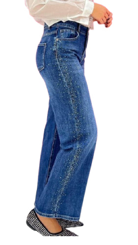 Jeans Donna Vita Alta a Gamba Dritta con Dettagli Brillanti – Blu Denim
