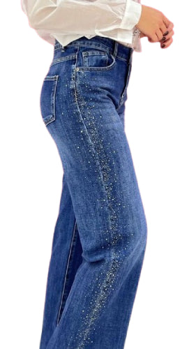 Jeans donna con strass laterali – Vita alta, gamba dritta
