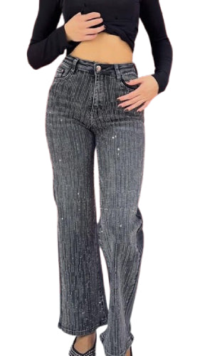 Jeans neri diamantati a vita alta – gamba dritta