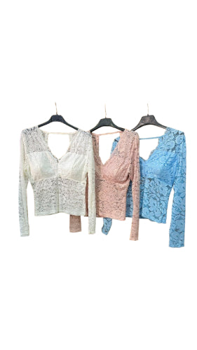 Maglia donna in pizzo con scollo a V – Bianco, Rosa Cipria, Azzurro