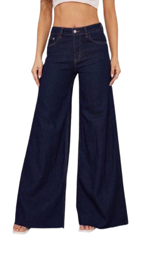Jeans Donna Palazzo Vita Alta – Denim Blu Scuro Gamba Extra Larga